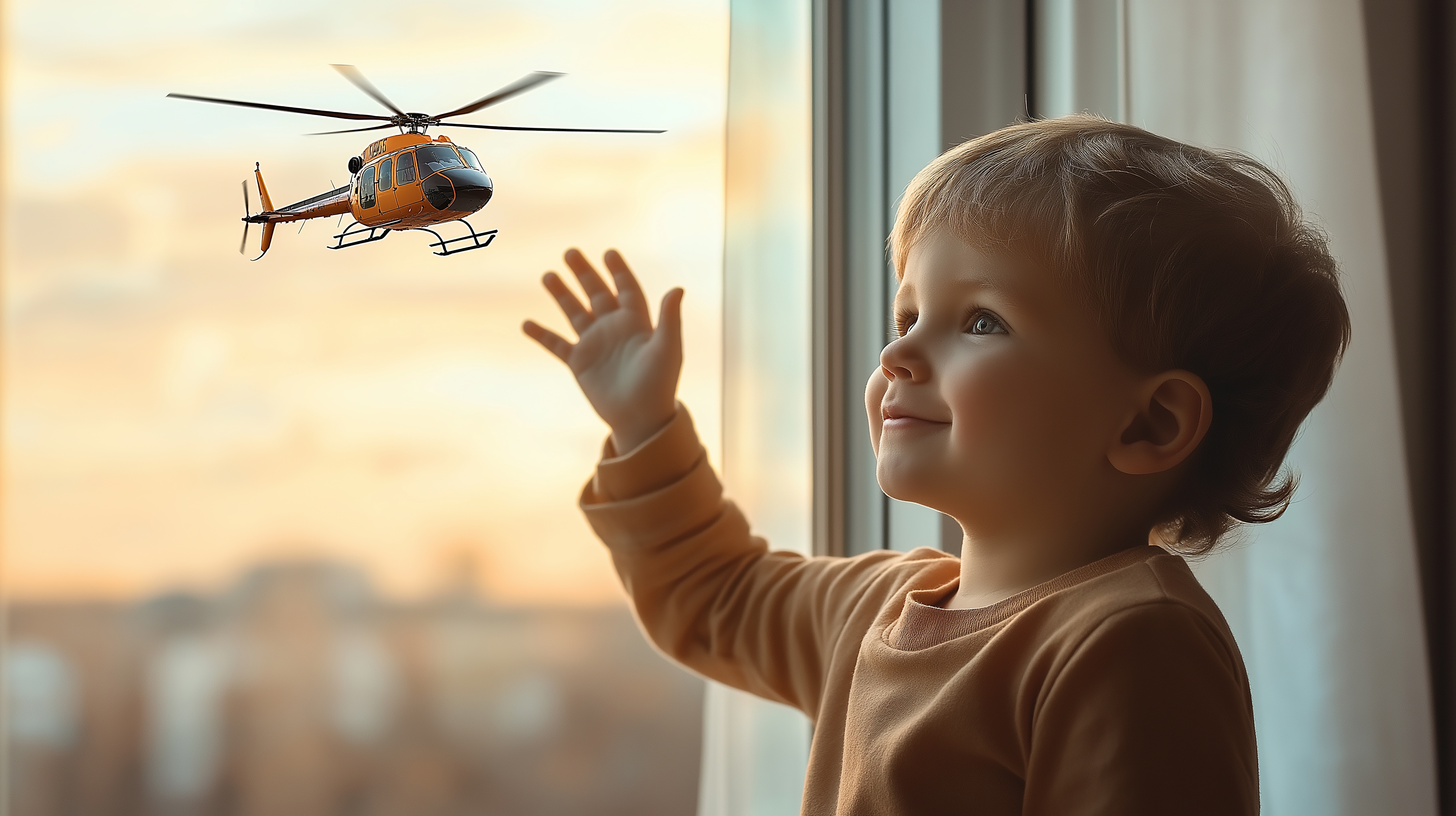 Toddler looking at helicopter flying outside window at sunset
