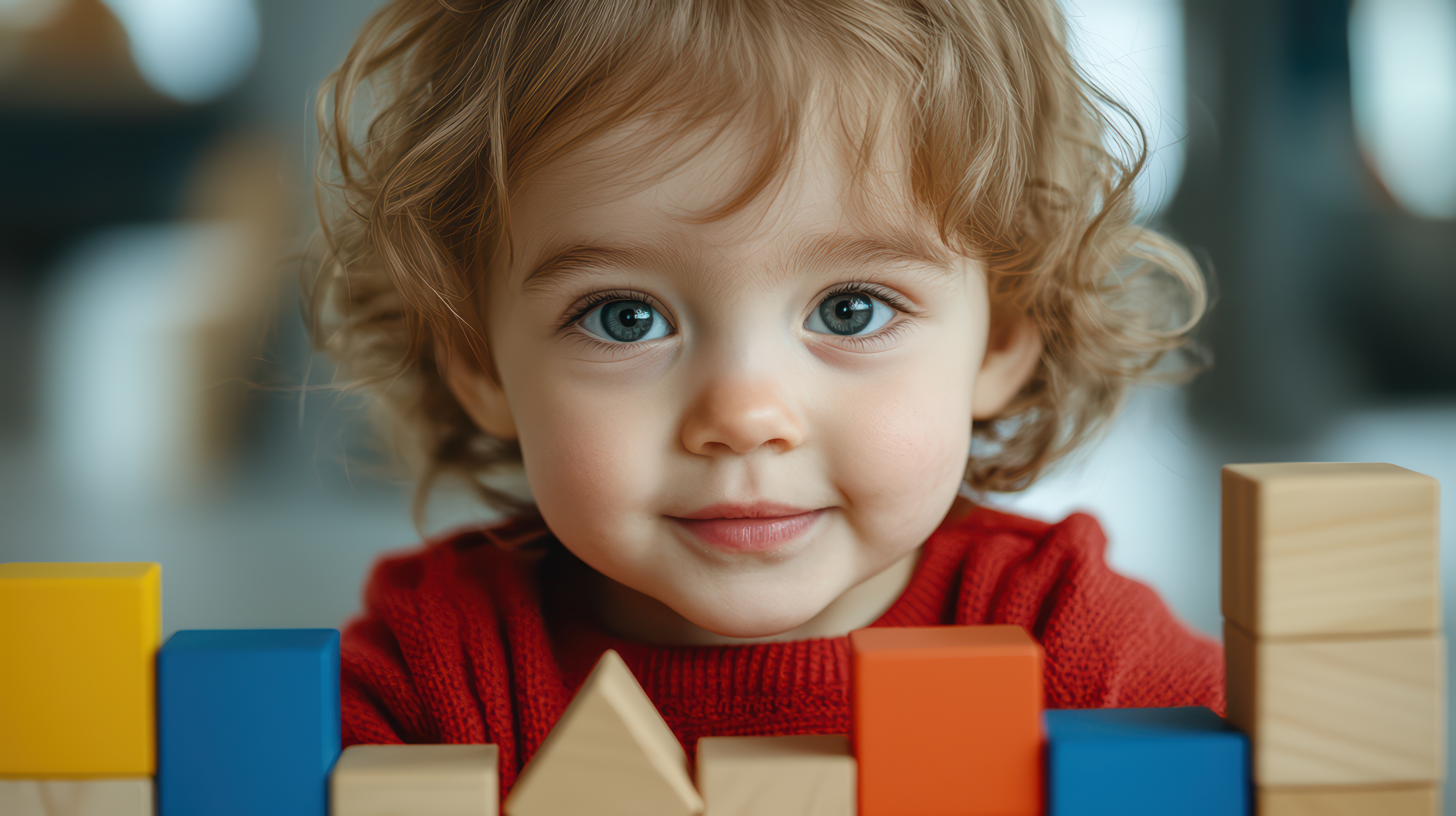 Cute toddler with curly hair playing with colorful building blocks